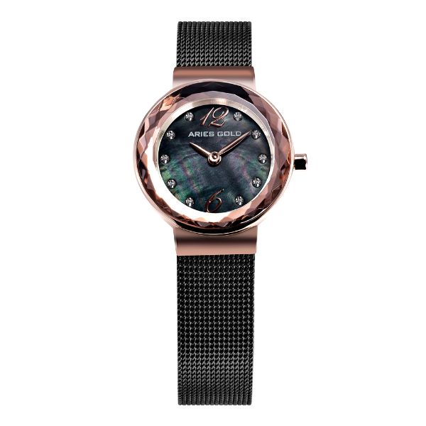 ARIES GOLD ENCHANT JEWEL COFFEE STAINLESS STEEL L 5026 CF-BKMOP MESH STRAP WOMEN'S WATCH